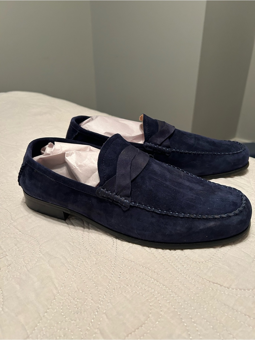 Navy Suede Penny Loafers - Elegant Slip-On Men’s Dress Shoes